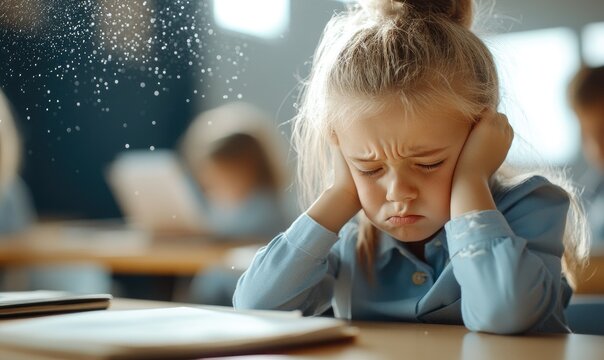 Upset Schoolgirl in Uniform at Desk with Sunlight Through Window