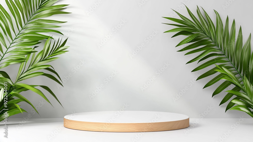 Poster minimalist stage with circular platform and lush green palms on a plain background