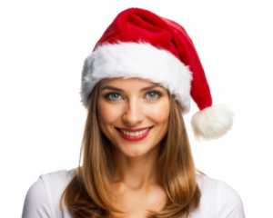 Woman christmas Santa Hat white isolated Beautiful caucasian female portrait Happy person positive emotion Holiday concept Close up face portrait
