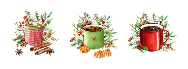 Watercolor winter cup of coffee. Cozy hot drink in Christmas mug for celebration mood. Winter greenery decoration with red berry and spruce branches