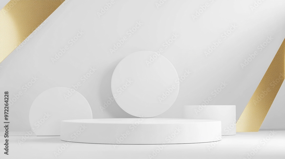 Poster geometric white platforms on a gold and white background in a minimalist studio setting