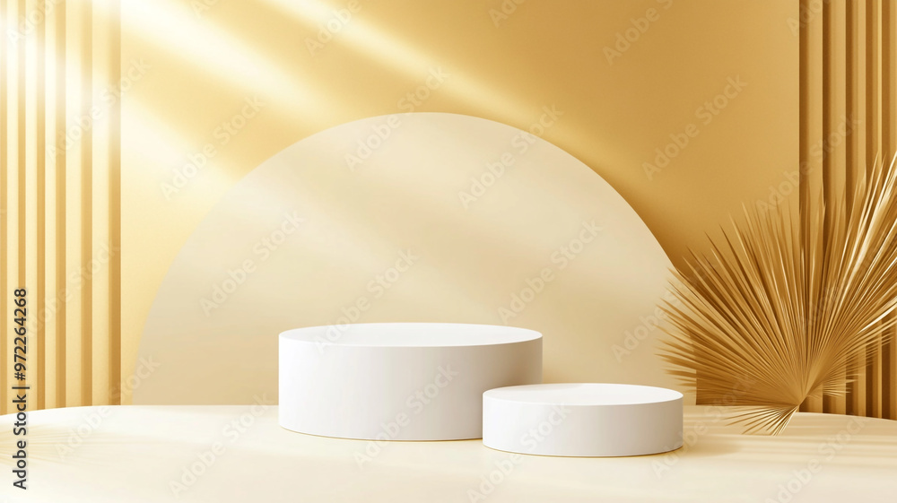 Poster elegant geometric display with minimalistic pedestals in a golden setting and soft lighting