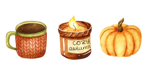 Watercolor cozy autumn illustration with cozy cup of tea, pumpkin and candle in glass. Hand painted element for handmade design.