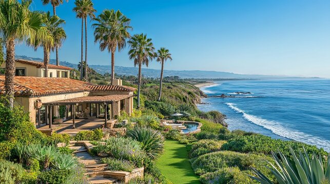Mediterranean-style home with ocean views and lush landscaping