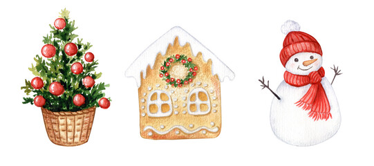 Watercolor Christmas illustrations in cartoon style. Cute snowman. gingerbread a nd Christmas tree for sweet holidays vibe