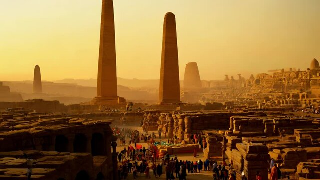 Bustling market of an ancient Egyptian city with vendors and citizens mingling under towering obelisks, vibrant colors, and long shadows