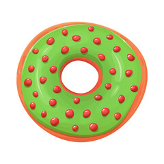 Colorful donut with green icing and red drops. Donut green. Donut isolated on a white background. Cartoon style. Vector donut.