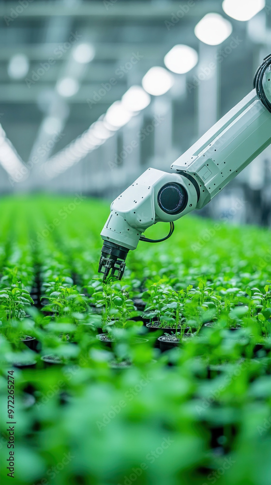 Poster a robot is tending to a field of plants. the robot is white and has a long arm