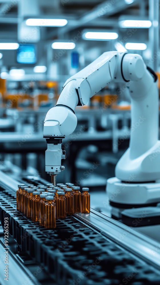 Poster a robot is working on a conveyor belt with many bottles. the robot is white and has a robotic arm