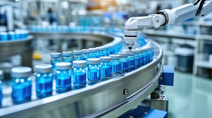 A robot is working on a conveyor belt with blue bottles