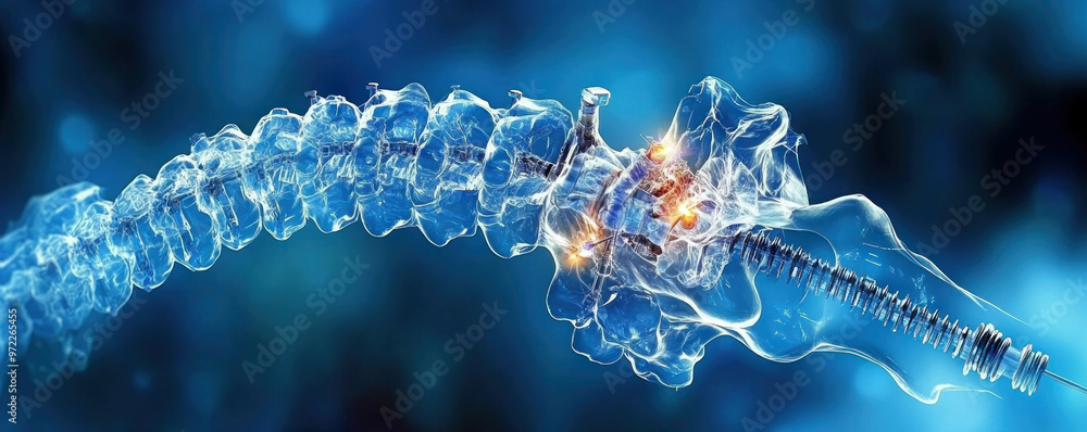 Poster a blue and white image of a spine with a red and orange line. the spine is shown in a way that it is