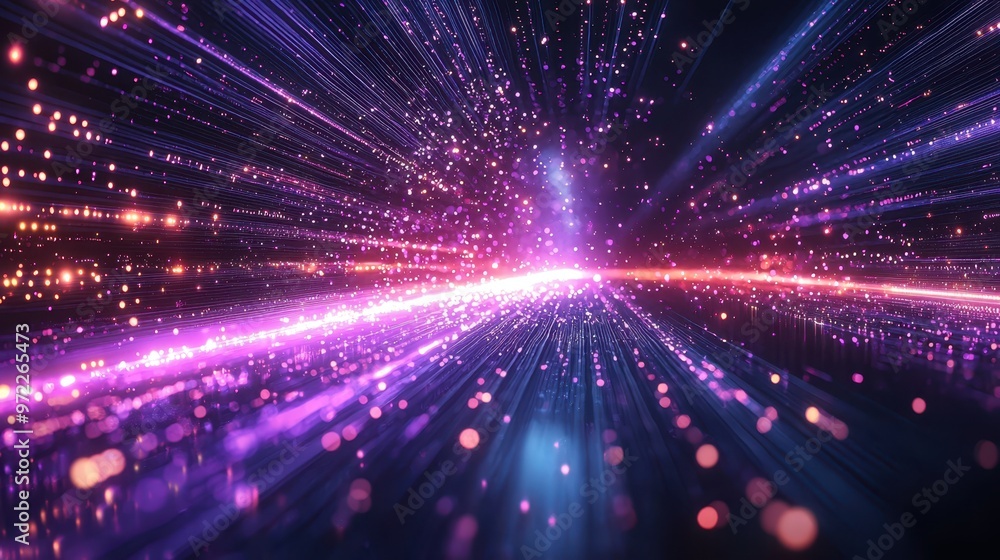 Poster illuminating connections: abstract purple neon lines exploding with digital energy on dark backgroun