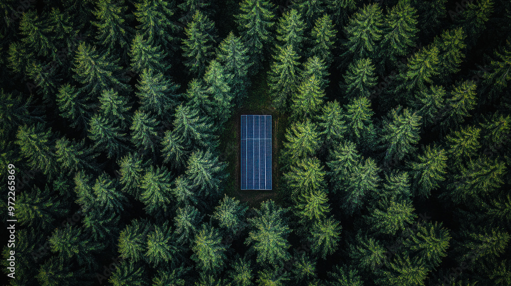 Poster a small house is in the middle of a forest. the house is surrounded by trees and is the only structu