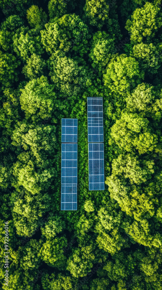 Poster a forest with two solar panels in the middle of it. the panels are surrounded by trees and are place