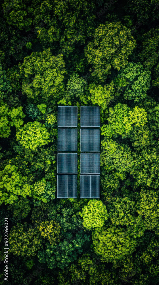 Poster a close up of a forest with a solar panel in the middle. the solar panel is surrounded by trees and 