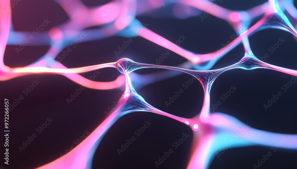 Poster a swirling, neon-colored representation of a neural network, with synapse-like connections and glowi