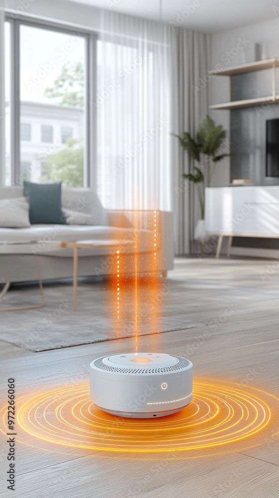 Poster a white device with a red circle around it is emitting heat. the device is on a wooden floor in a li