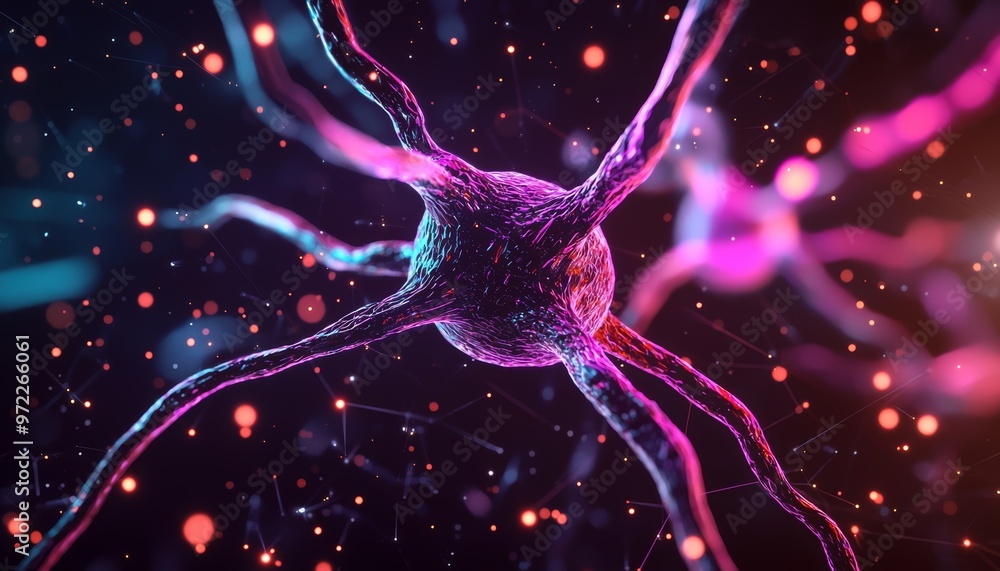 Poster a swirling, neon-colored representation of a neural network, with synapse-like connections and glowi