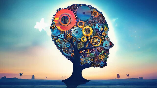 An illustration of a tree shaped like a human head, covered in gears and cogs representing knowledge and ideas.