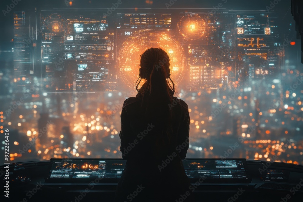 Poster a figure observes a high-tech control panel in a futuristic setting.
