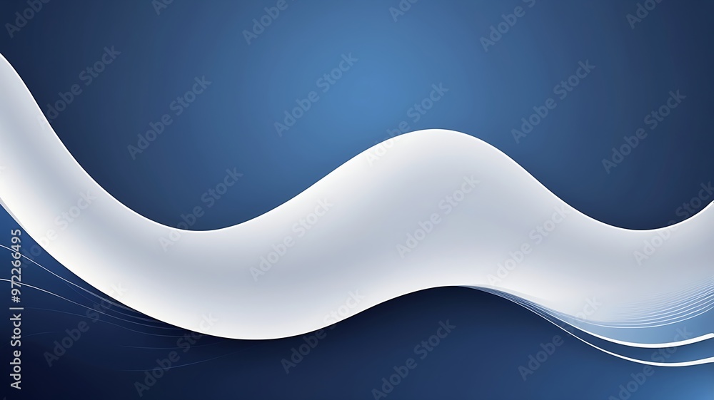 Poster abstract digital artwork with smooth, flowing dark blue, light blue, and white wavy lines. horizonta