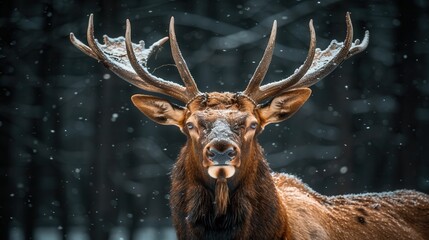 Majestic elk with impressive antlers stands in a snowy forest, embodying the beauty of wildlife amidst a serene winter landscape.