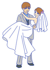 カメラ目線でお姫様抱っこする新郎新婦