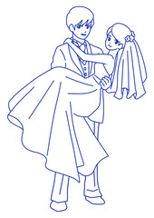 カメラ目線でお姫様抱っこする新郎新婦　線画