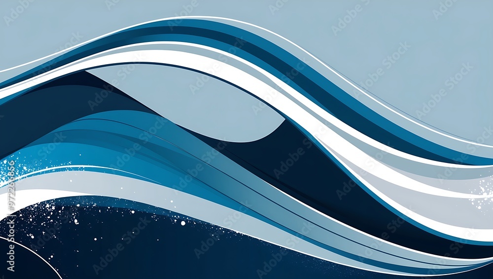 Poster abstract digital artwork with smooth, flowing dark blue, light blue, and white wavy lines. horizonta
