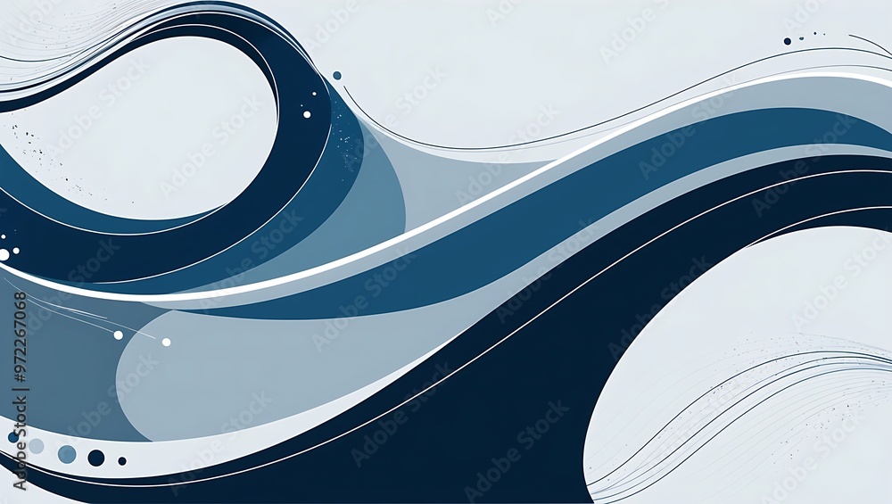 Poster abstract digital artwork with smooth, flowing dark blue, light blue, and white wavy lines. horizonta