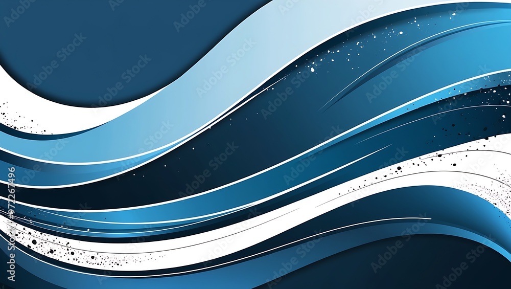 Poster abstract digital artwork with smooth, flowing dark blue, light blue, and white wavy lines. horizonta