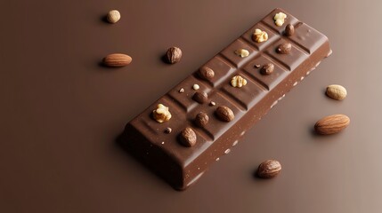 A chocolate bar with nuts on a brown background.