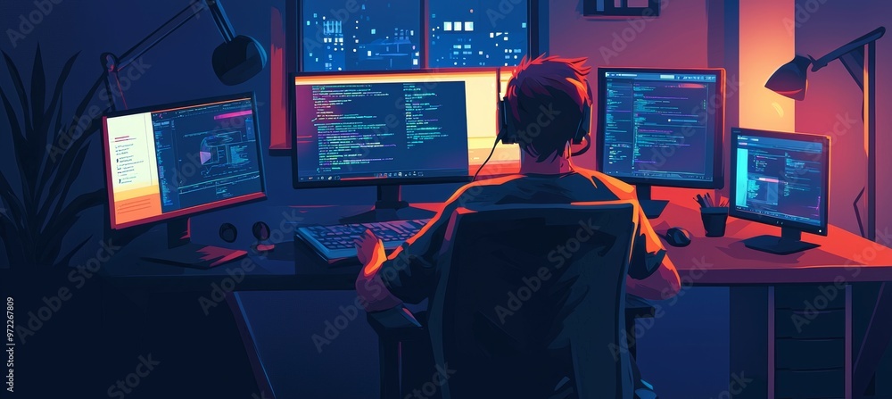 Poster late-night graphic designer utilizing dual monitors and time management apps for efficient workflow
