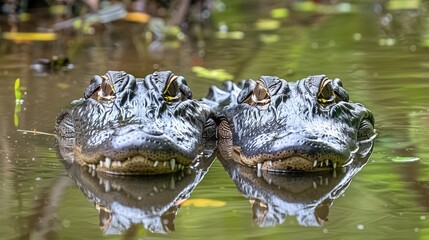 Fototapeta premium Two alligators resting on the surface of tranquil water, showcasing their powerful jaws and vibrant surroundings.