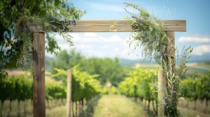 Fototapeta premium Rustic Wooden Arch with Floral Decor in a Vineyard