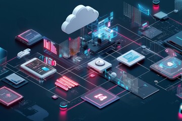 Fototapeta premium A visualization of cross-platform integration with integrated IoT devices and cloud services. The environment displays seamless data exchange and management across, Generative AI