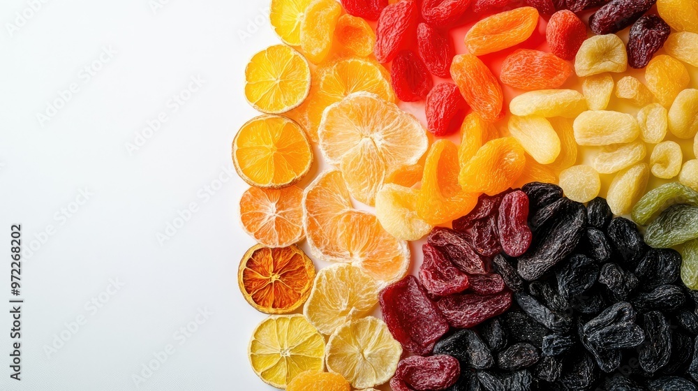 Poster colorful assortment of dried fruits arranged in a circular pattern, top view with copy space.