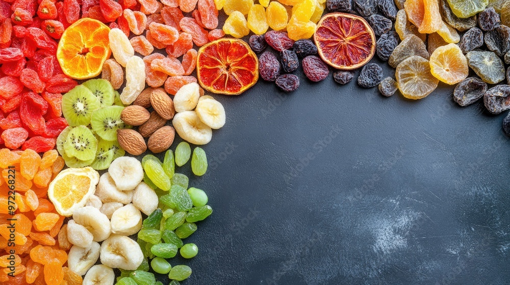 Poster colorful assortment of dried fruits arranged in a circular pattern, top view with copy space.