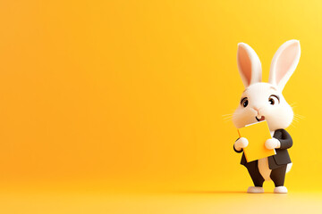 Obraz premium A cheerful cartoon rabbit dressed in a suit holds a yellow card against a bright yellow background, perfect for festive themes.