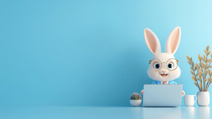 A cheerful cartoon rabbit with glasses, sitting at a desk with a laptop and plants, against a vibrant blue background.