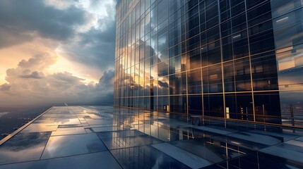 Modern Skyscraper with Glass Facade at Sunset