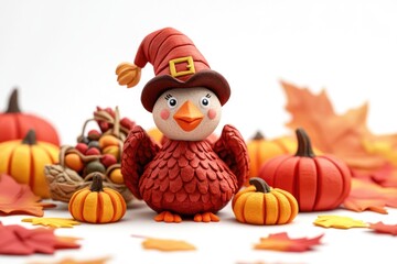 Adorable Thanksgiving Turkey Wearing Pilgrim Hat Surrounded by Pumpkins and Autumn Leaves – Perfect for Holiday Cards and Posters