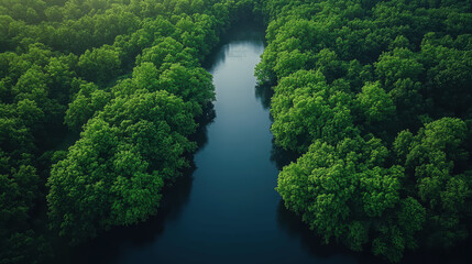 Obraz premium Aerial view of a winding river surrounded by lush green trees in a serene forest landscape at sunrise
