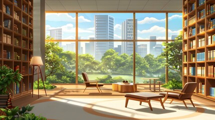 Fototapeta premium Modern Library with City View and Comfortable Seating