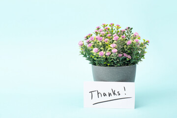 Thank you card with flowers, being thankful, support, help and charity concept, positive attitude 