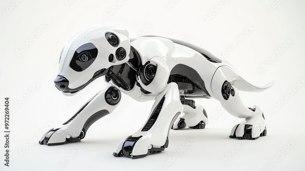 Poster a futuristic robot dog in a crouching position.