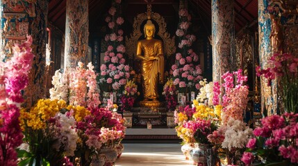 Obraz premium A grand Taowesuwan statue surrounded by an abundance of flowers and intricate