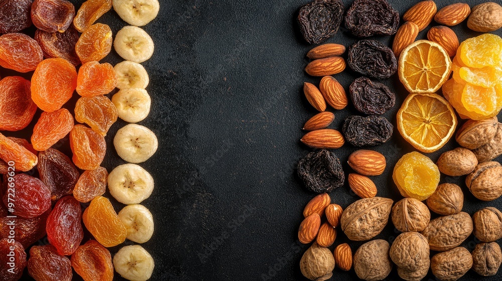 Poster dried fruit and nuts placed in geometric patterns, top view with clear copy space.