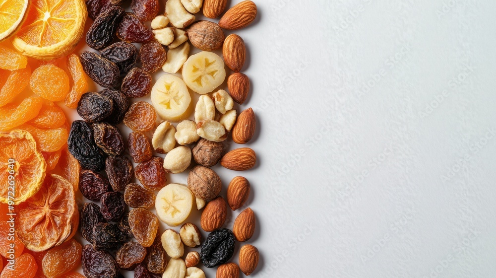 Poster dried fruit and nuts placed in geometric patterns, top view with clear copy space.
