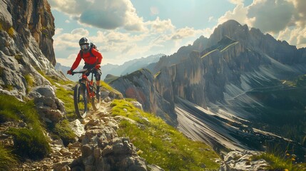 Fototapeta premium Mountain Biking Adventure Thrilling Ride Through Majestic Peaks